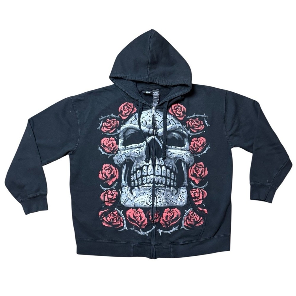 Vtg Liquid Blue "Skull/ Roses" Black Zip Up Hoodie Jacket Mens Sz Large Y2K